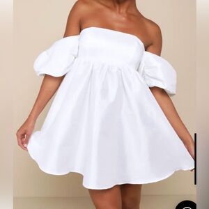 Lulus Sweet Vision White Taffeta Off-the-Shoulder Babydoll Mini Dress